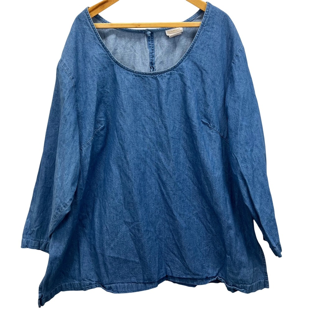 VTG ROAMANS 3X Denim Tunic Shirt Blue Cotton 3/4 Sleeve Scoop Neck Pintuck